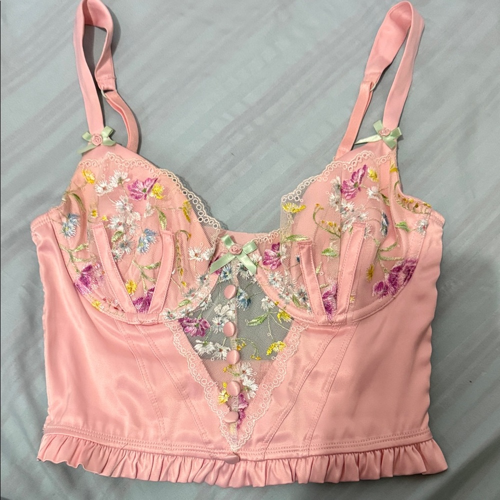 For Love And Lemons Pink Floral Embroidered Bra
